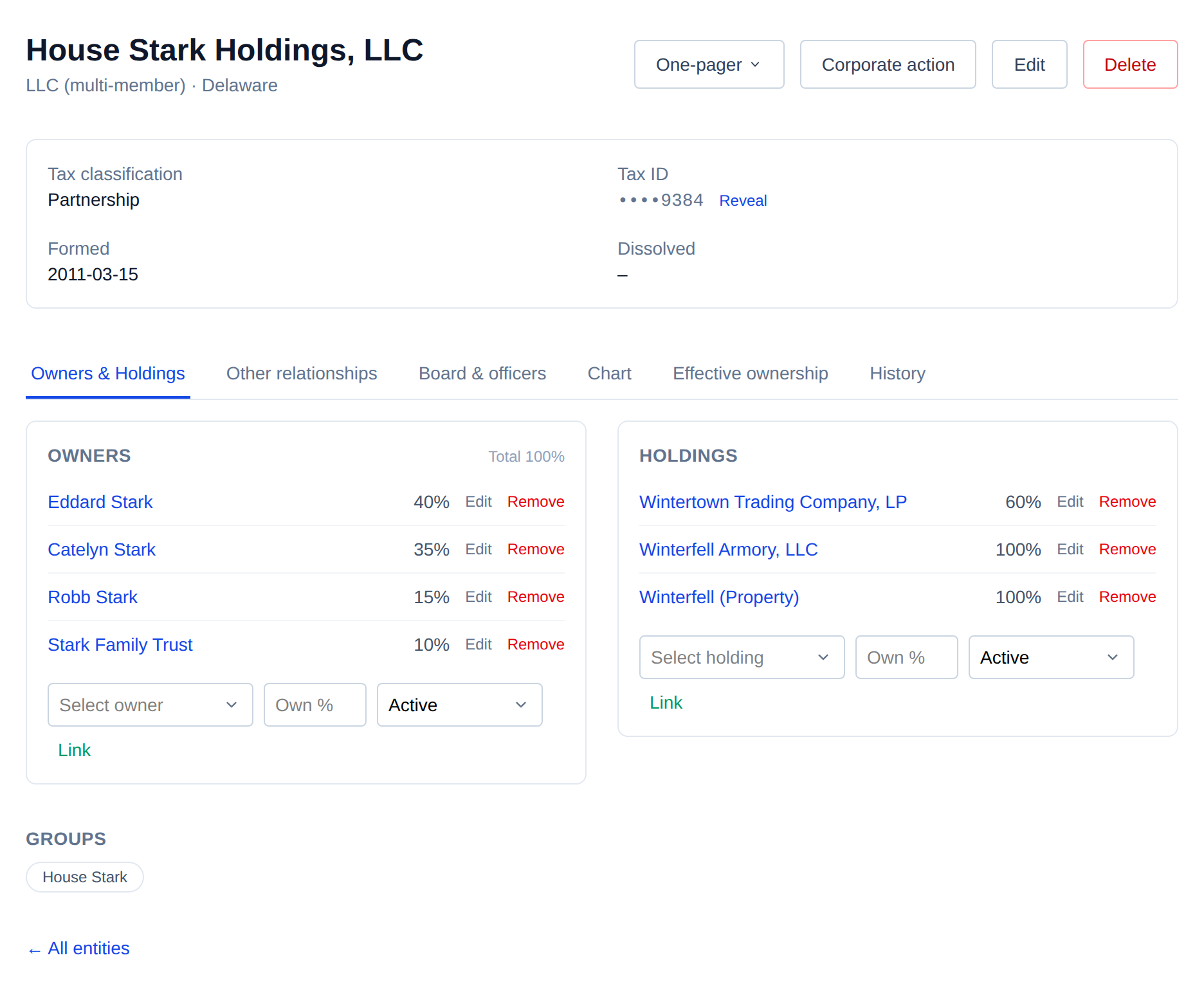 House Stark Holdings, LLC's own page: a masked tax ID, its owners Eddard Stark, Catelyn Stark, Robb Stark and the Stark Family Trust with their ownership percentages, its holdings Wintertown Trading Company LP, Winterfell Armory LLC and Winterfell, and tabs for other relationships, board and officers, the chart, effective ownership and history.